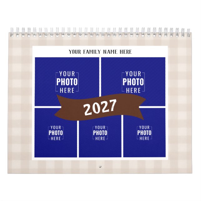 Rustic Cream Gingham Multi Photo Family Calendar (Cover)