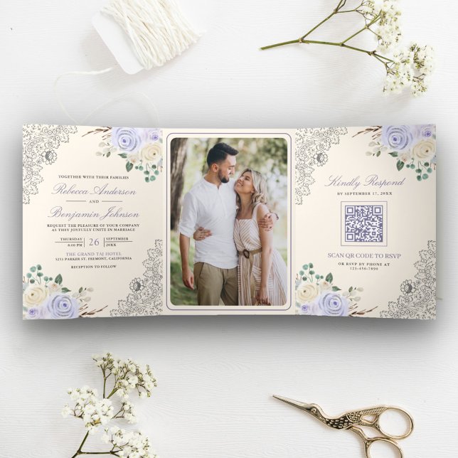 Rustic Cream Lavender Purple Floral Lace Wedding Tri-Fold Invitation (Creator Uploaded)