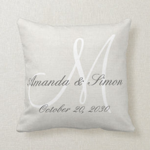 Rustic Cream Linen Look White Monogram Wedding Cushion