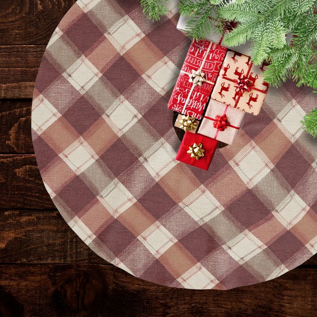 Rustic Cream Orange Rust Red Plaid Pattern Brushed Polyester Tree Skirt (Creator Uploaded)