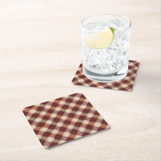 Rustic Cream Orange Rust Red Plaid Pattern Square Paper Coaster (Insitu)