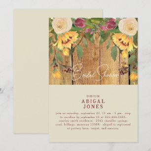 Rustic Cream  Sunflowers & Wood Bridal Shower Invitation