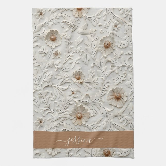 Rustic cream tooled leather script name tea towel (Vertical)