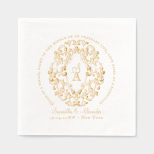 Rustic Crest Ivory Black Old Print Gothic Wedding Foil Napkins