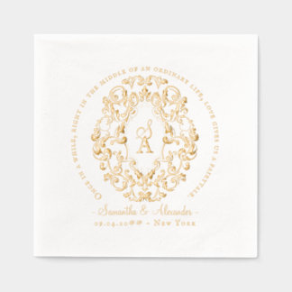Rustic Crest Ivory Black Old Print Gothic Wedding Foil Napkins