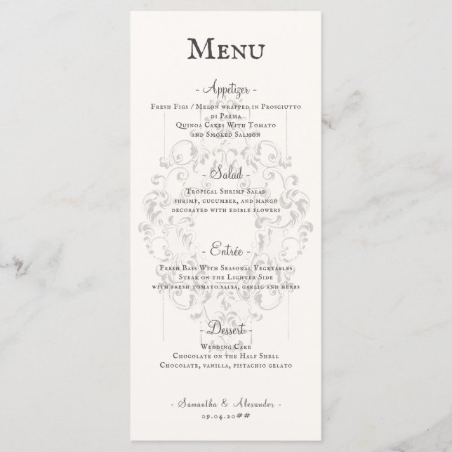 Rustic Crest Ivory White Old Print Gothic Wedding Menu (Front)