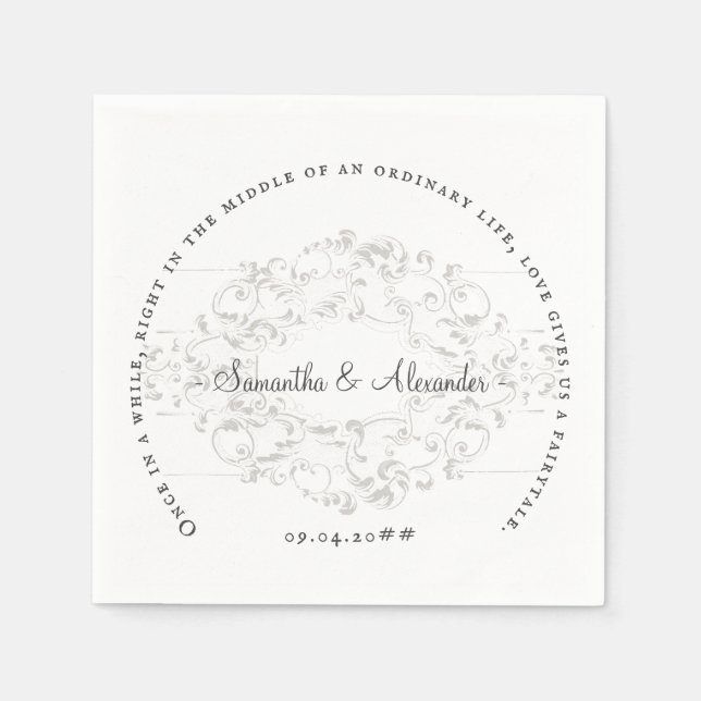 Rustic Crest Ivory White Old Print Gothic Wedding Napkin (Front)