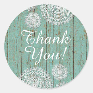 Rustic Crochet Doilies on Turquoise Wood Thank You Classic Round Sticker
