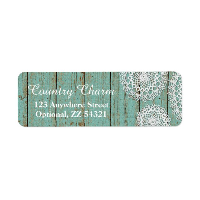 Rustic Crochet Doily Turquoise Wood Return Address (Front)