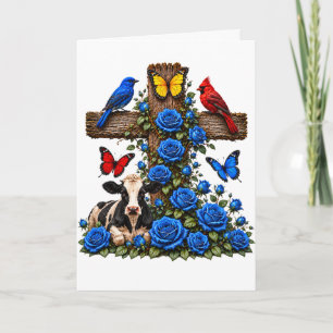 Rustic Cross Blue Roses Cow and Birds Blank Card