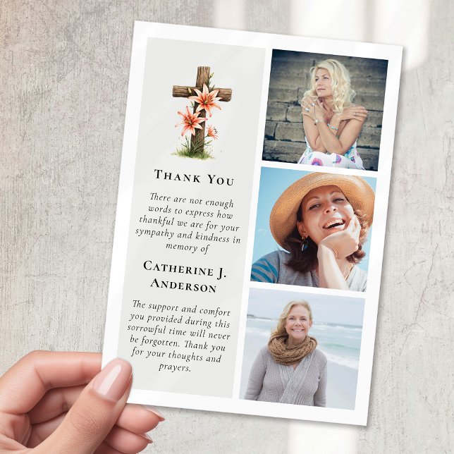 Rustic Cross Lillies 3 Photo Sympathy Funeral Thank You Card (Creator Uploaded)