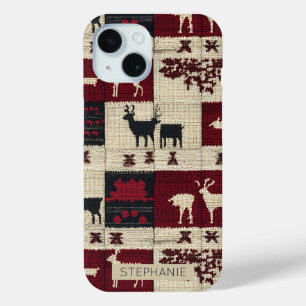Rustic Cross-Stitch Patchwork Folk Holiday Motif iPhone 15 Case