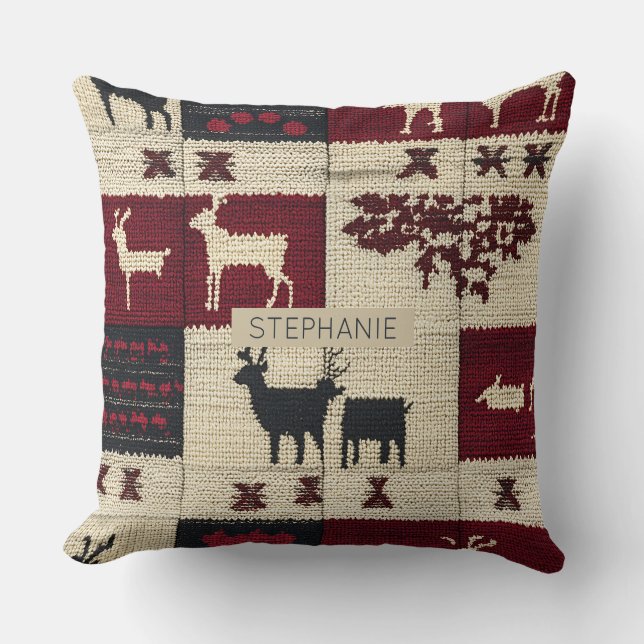 Rustic Cross-Stitch Patchwork | Folk Holiday Motif Cushion (Front)