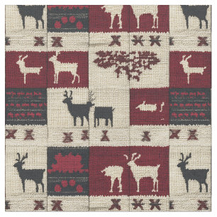 Rustic Cross-Stitch Patchwork   Folk Holiday Motif Fabric