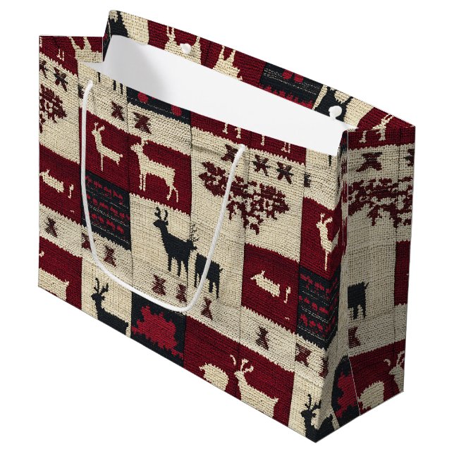 Rustic Cross-Stitch Patchwork | Folk Holiday Motif Large Gift Bag (Front Angled)