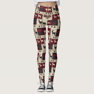 Rustic Cross-Stitch Patchwork   Folk Holiday Motif Leggings