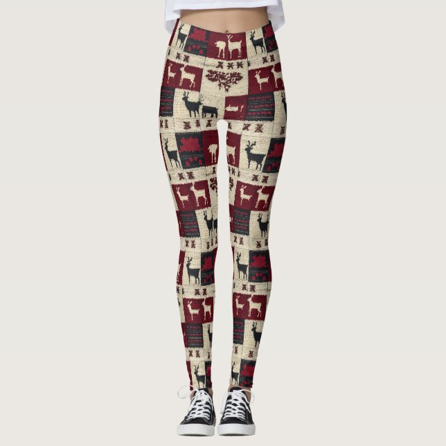 Rustic Cross-Stitch Patchwork | Folk Holiday Motif Leggings (Front)