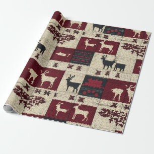 Rustic Cross-Stitch Patchwork Folk Holiday Motif Wrapping Paper