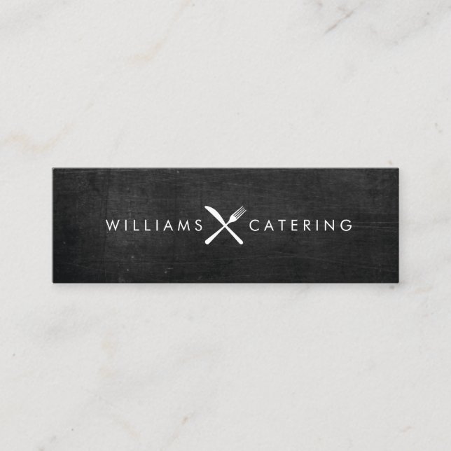 Rustic Crossed Fork Knife Logo Black Wood Mini Business Card (Front)