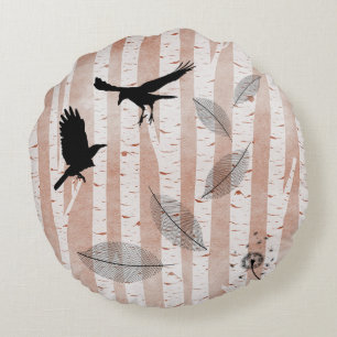 Rustic Crows in White Birch Forest Round Cushion