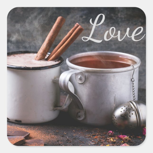 Rustic Cup of Tea and Hot Chocolate in Love Square Sticker (Front)