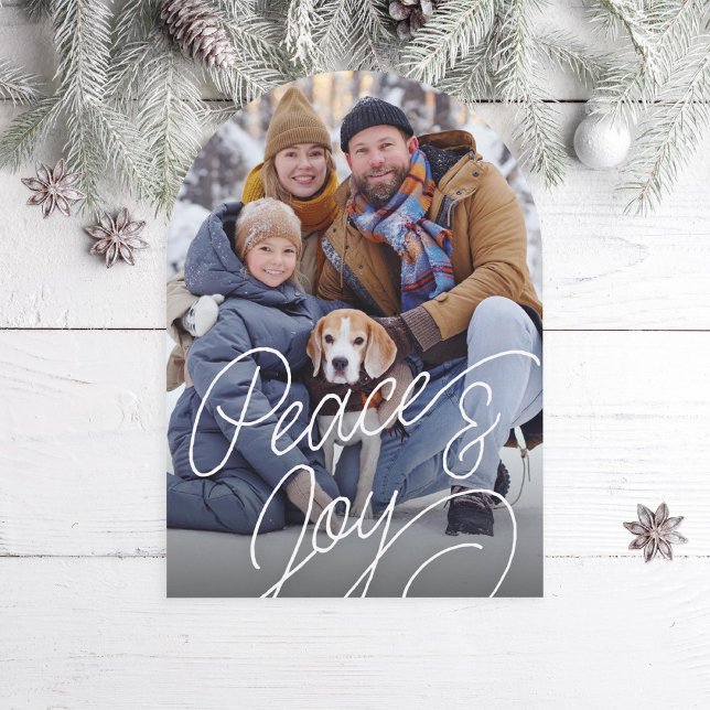 Rustic Cursive Peace and Joy Holiday Photo Card (Creator Uploaded)