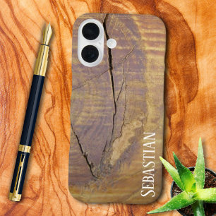 Rustic Custom Name Natural Cedar Wood Knot Photo iPhone 16 Case