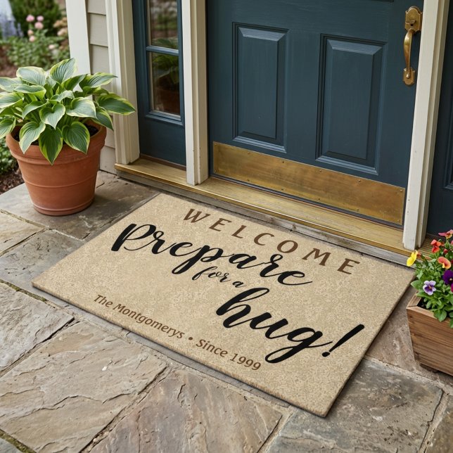 Rustic Custom Name "Prepare For A Hug" Welcome Doormat (Personalized "Prepare for a hug!" doormat. )