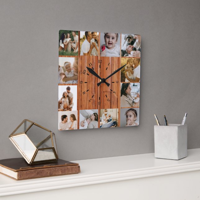 Rustic Custom Photo Collage Family Square Wall Clock (Office)