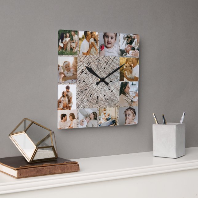 Rustic Custom Photo Collage Family Square Wall Clock (Office)