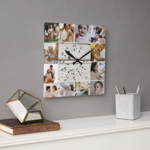 Rustic Custom Photo Collage Family Square Wall Clock