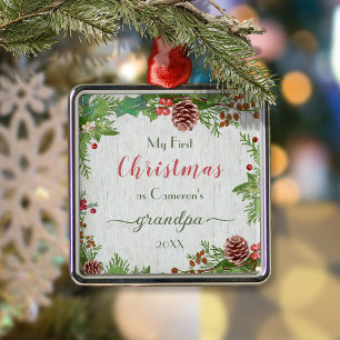 Rustic Custom Photo New Grandpa 1st Christmas  Metal Tree Decoration