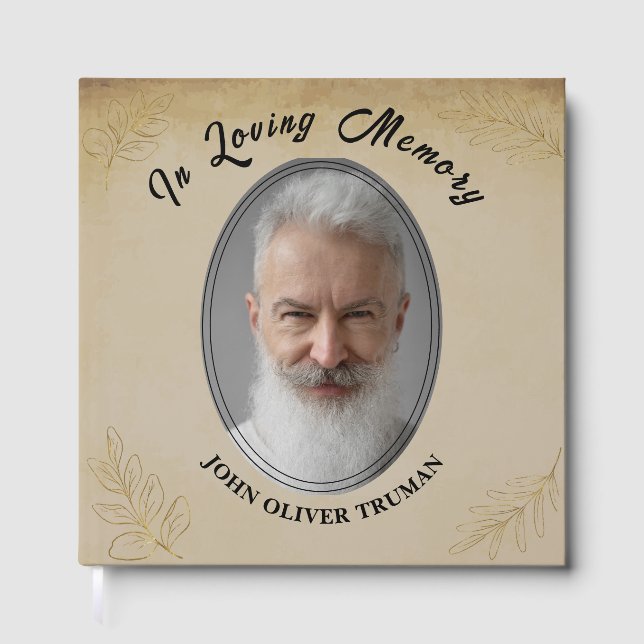 Rustic Custom Text Photo Memorial Funeral Leaves Guest Book (Front)