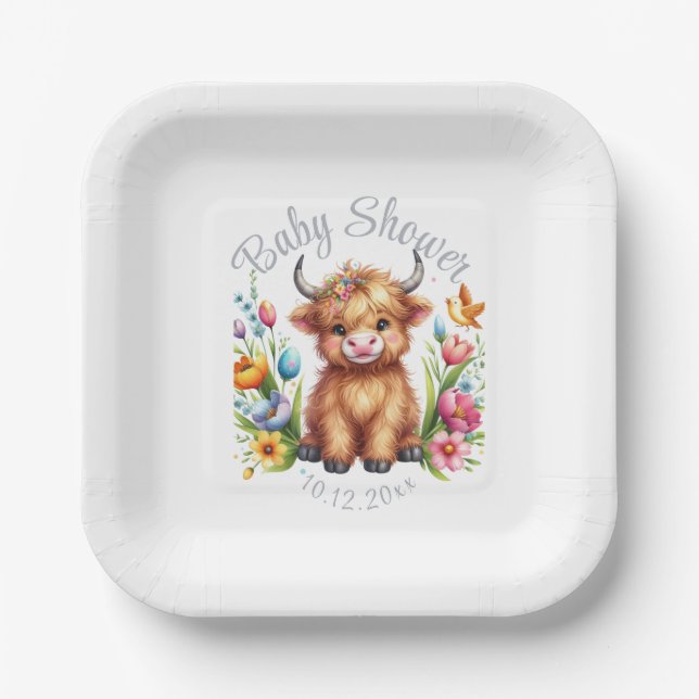 Rustic Cute Baby Highland Cow Paper Plate (Front)