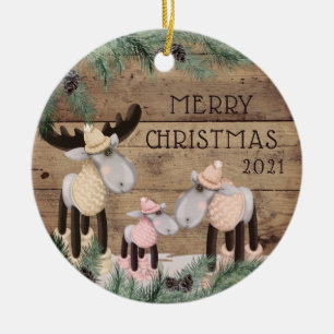 Rustic Cute Deer Family Photo Wood Pine Ceramic Or Tree Decoration