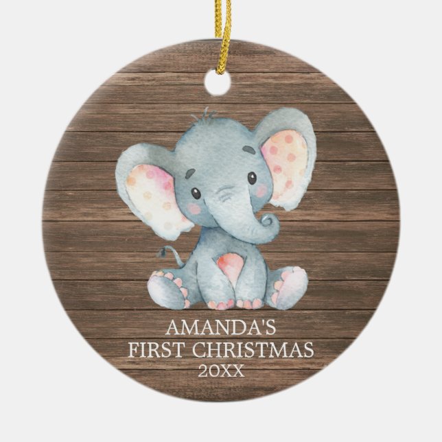 Rustic Cute Elephant Baby First Christmas Ceramic Tree Decoration (Front)