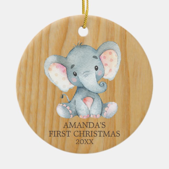 Rustic Cute Elephant Baby First Christmas Ceramic Tree Decoration (Front)