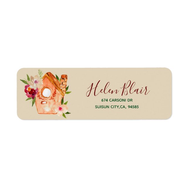 Rustic cute floral bird house return label (Front)