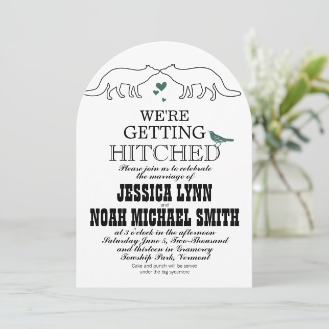 Rustic Cute Fox Romantic Green Hearts Wedding Invitation (Standing Front)