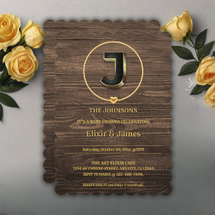 Rustic Cute Gold Heart Monogram Family Baby Shower Invitation