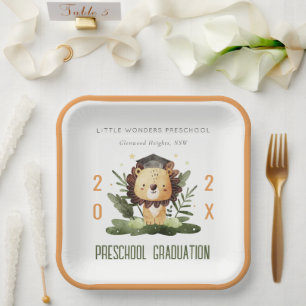 Rustic Cute Kids Lion Foliage Preschool Graduation Paper Plate