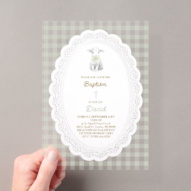 rustic cute lamb sage green gingham | Baptism  Acrylic Invitations (Insitu (Handheld))