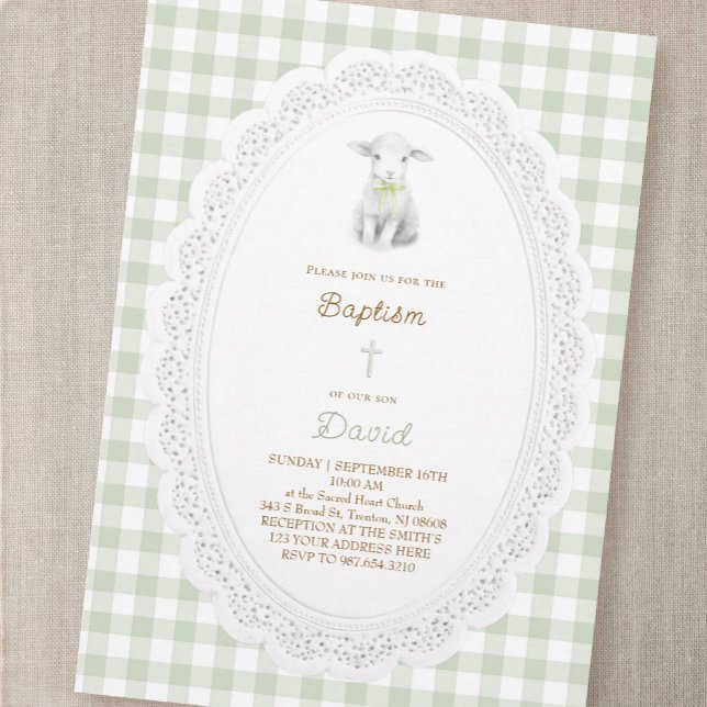 rustic cute lamb sage green gingham | Baptism  Invitation (Creator Uploaded)