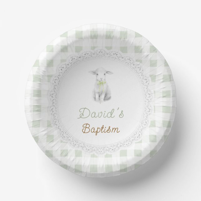 rustic cute lamb sage green gingham | Baptism  Paper Plate (Front)