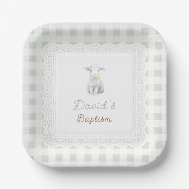 rustic cute lamb sage green gingham | Baptism  Paper Plate (Front)