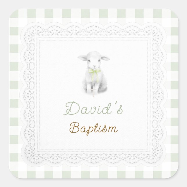 rustic cute lamb sage green gingham | Baptism  Square Sticker (Front)