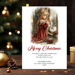 Rustic Cute Little Girl Christmas Scene Greeting Holiday Card