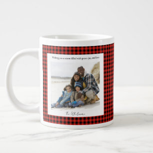 Rustic Cute Red Plaid Monogram 2 Photo Christmas Large Coffee Mug