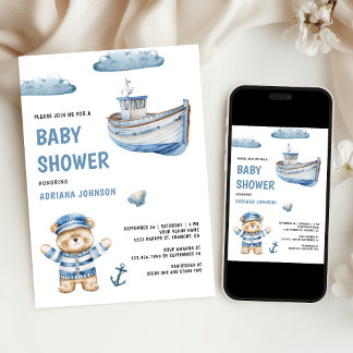 Rustic Cute Teddy Bear Nautical Boat Baby Shower Invitation
