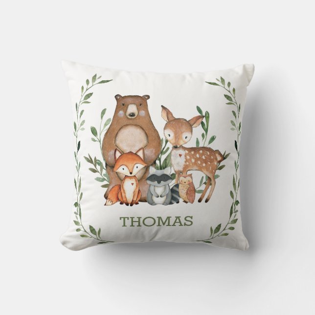 Rustic Cute Woodland Animals Greenery Kids Nursery Cushion (Front)